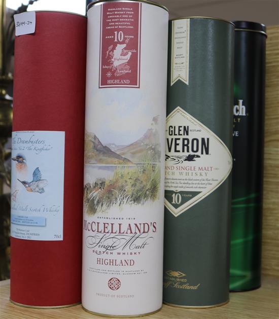 Six assorted bottles of whisky: Glengoyne 10yo, Highland Single Malt 10yo, Glenfiddich 12yo, Glen Deveron 10yo,